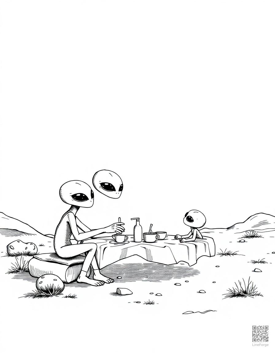 alien family having a picnic on mars coloring page Crosshatch style - free printable