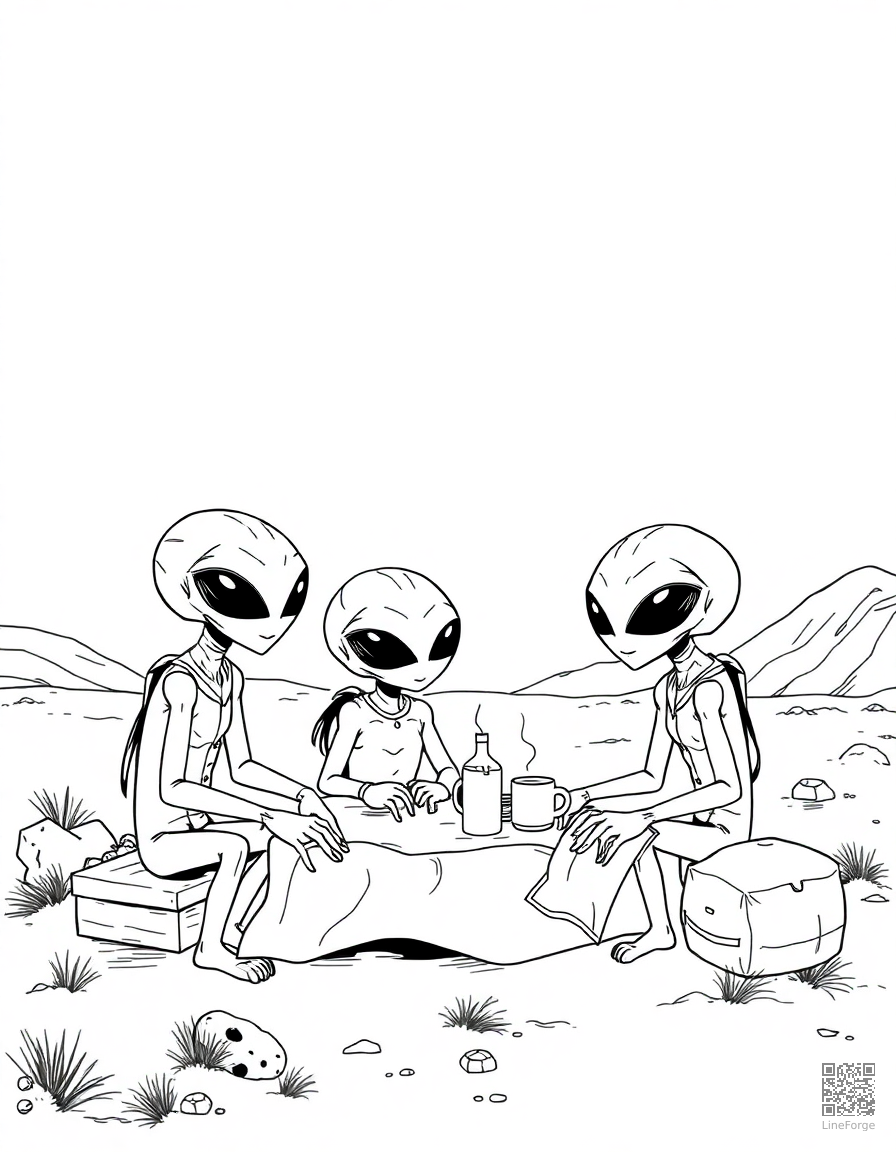 alien family having a picnic on mars coloring page Manga style - free printable