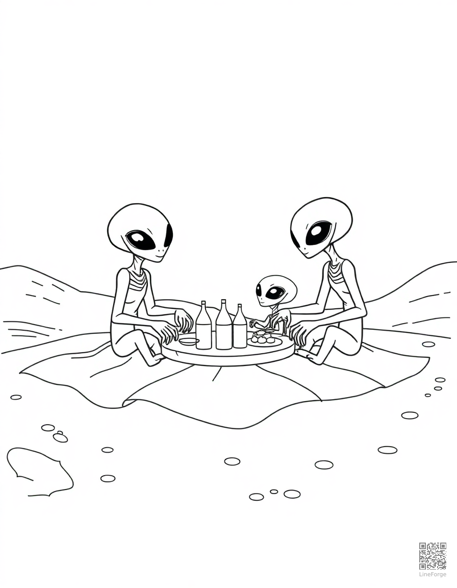 alien family having a picnic on mars coloring page Minimal style - free printable