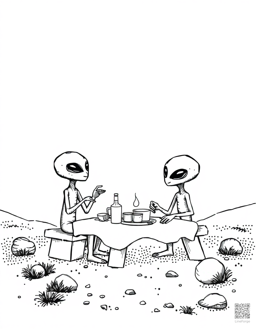 alien family having a picnic on mars coloring page Stipple style - free printable