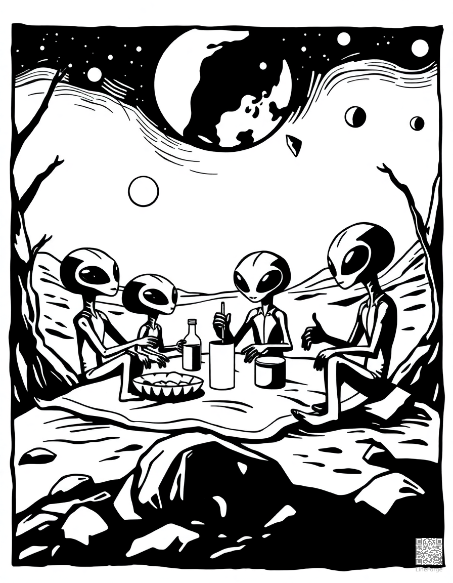 alien family having a picnic on mars coloring page Woodcut style - free printable