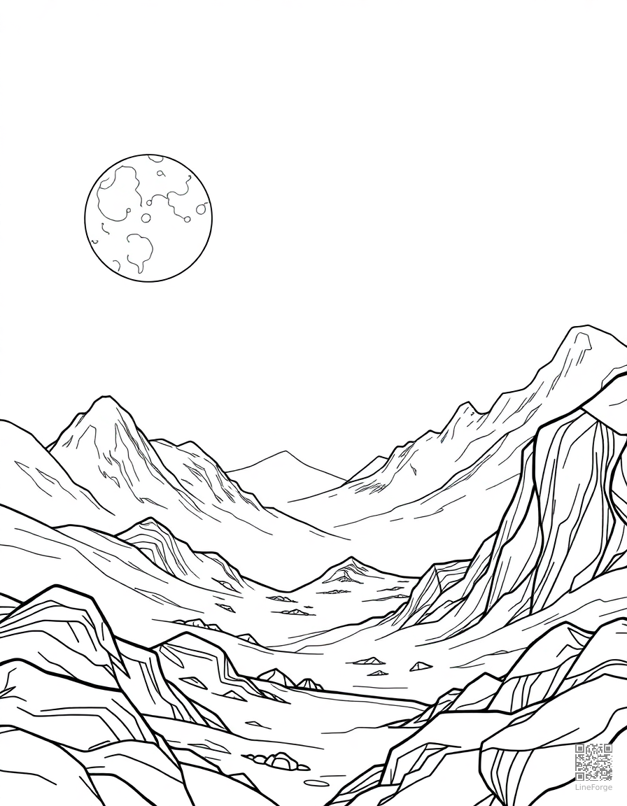 Alien landscape with two moons coloring page Contour style - free printable