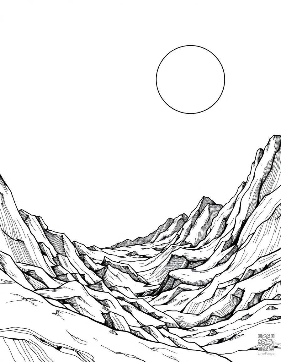 Alien landscape with two moons coloring page Crosshatch style - free printable