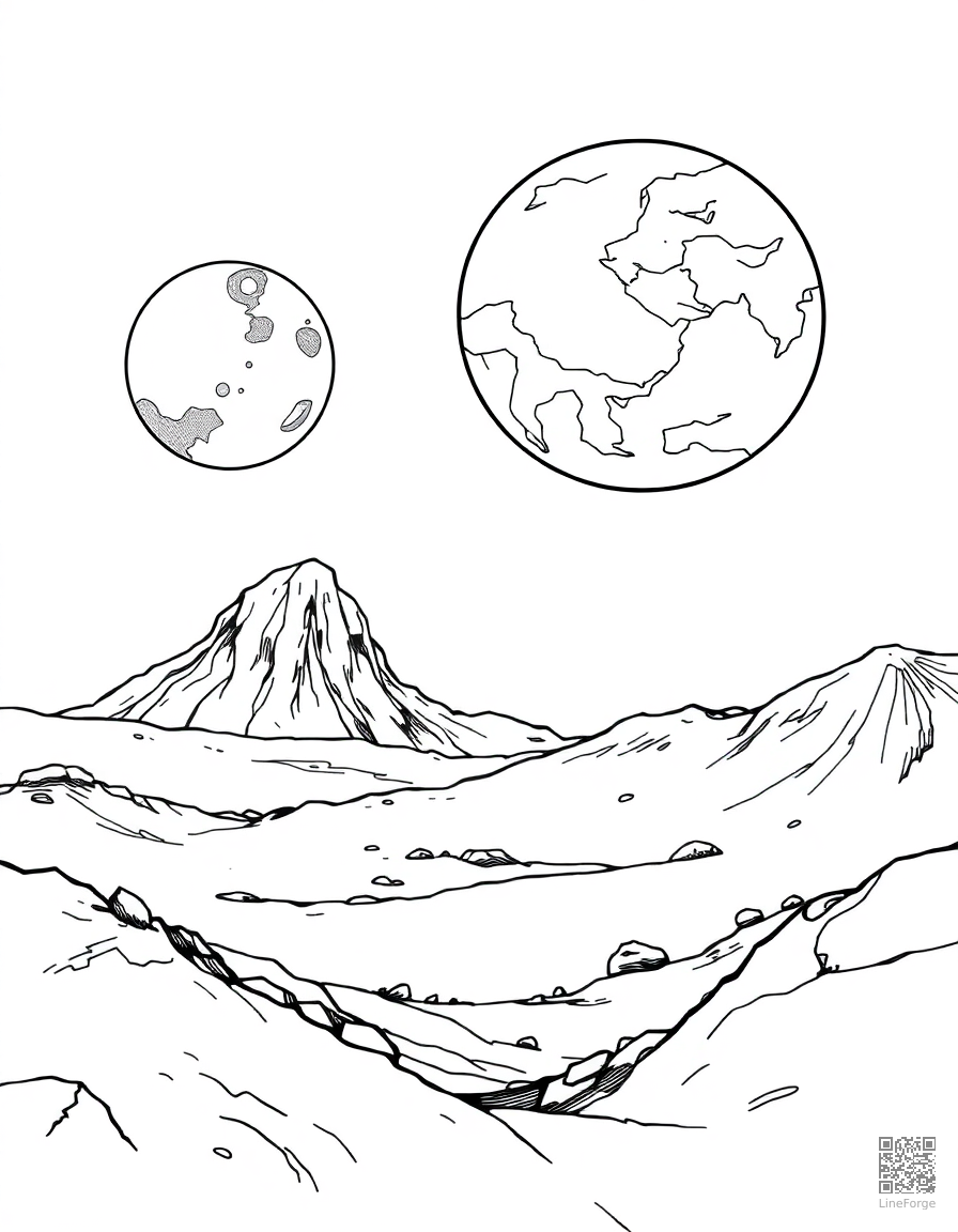 Alien landscape with two moons coloring page Manga style - free printable