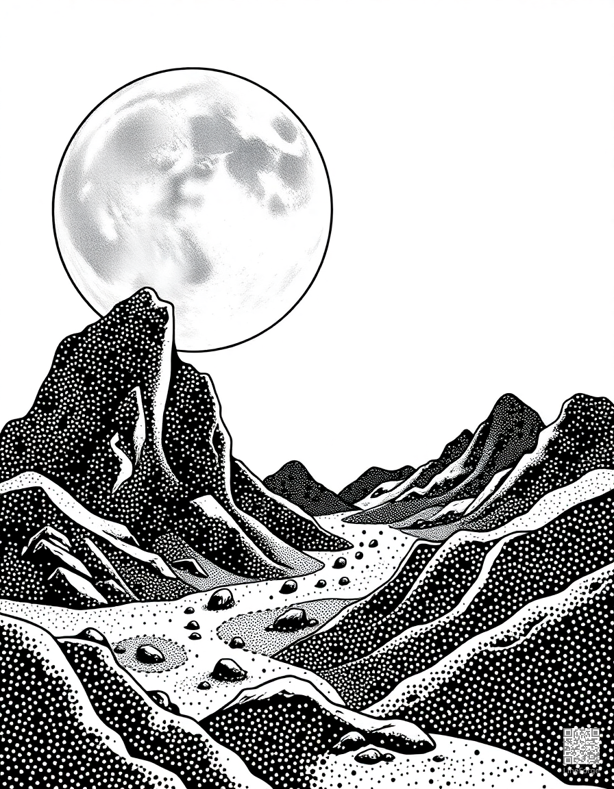 Alien landscape with two moons coloring page Stipple style - free printable