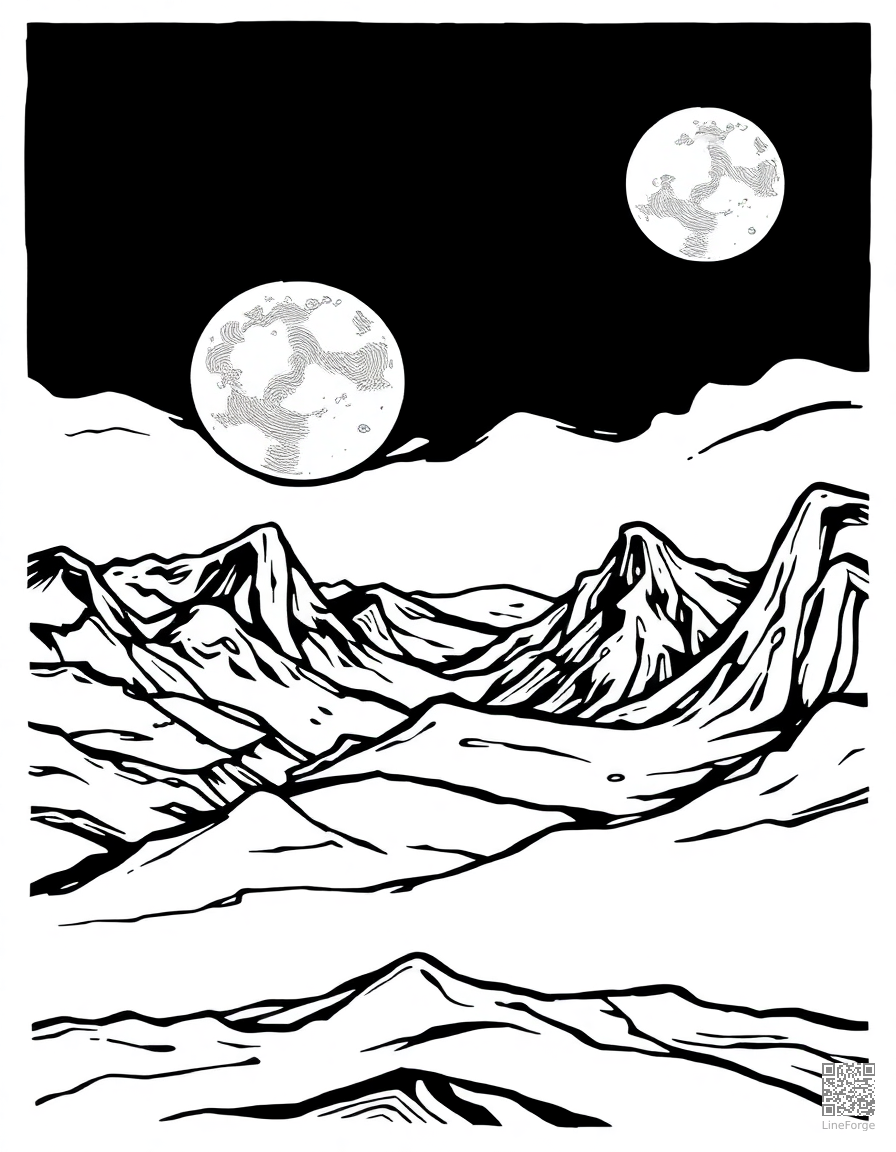 Alien landscape with two moons coloring page Woodcut style - free printable