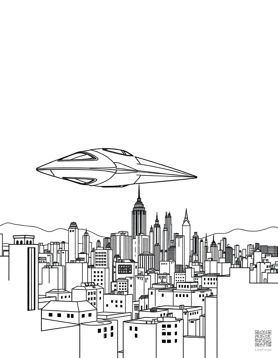alien spaceship hovering over a city coloring page Contour style - free printable