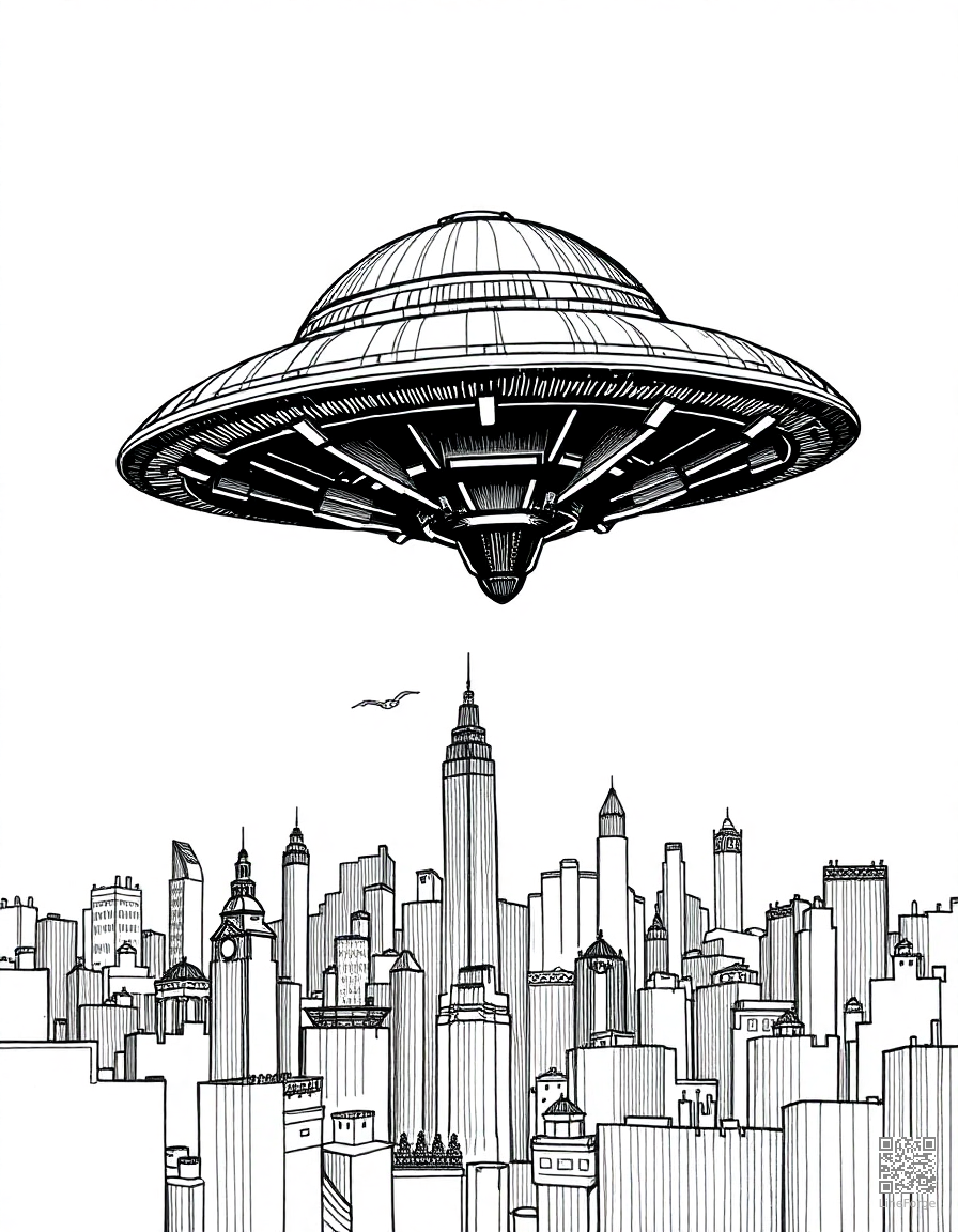 alien spaceship hovering over a city coloring page Crosshatch style - free printable