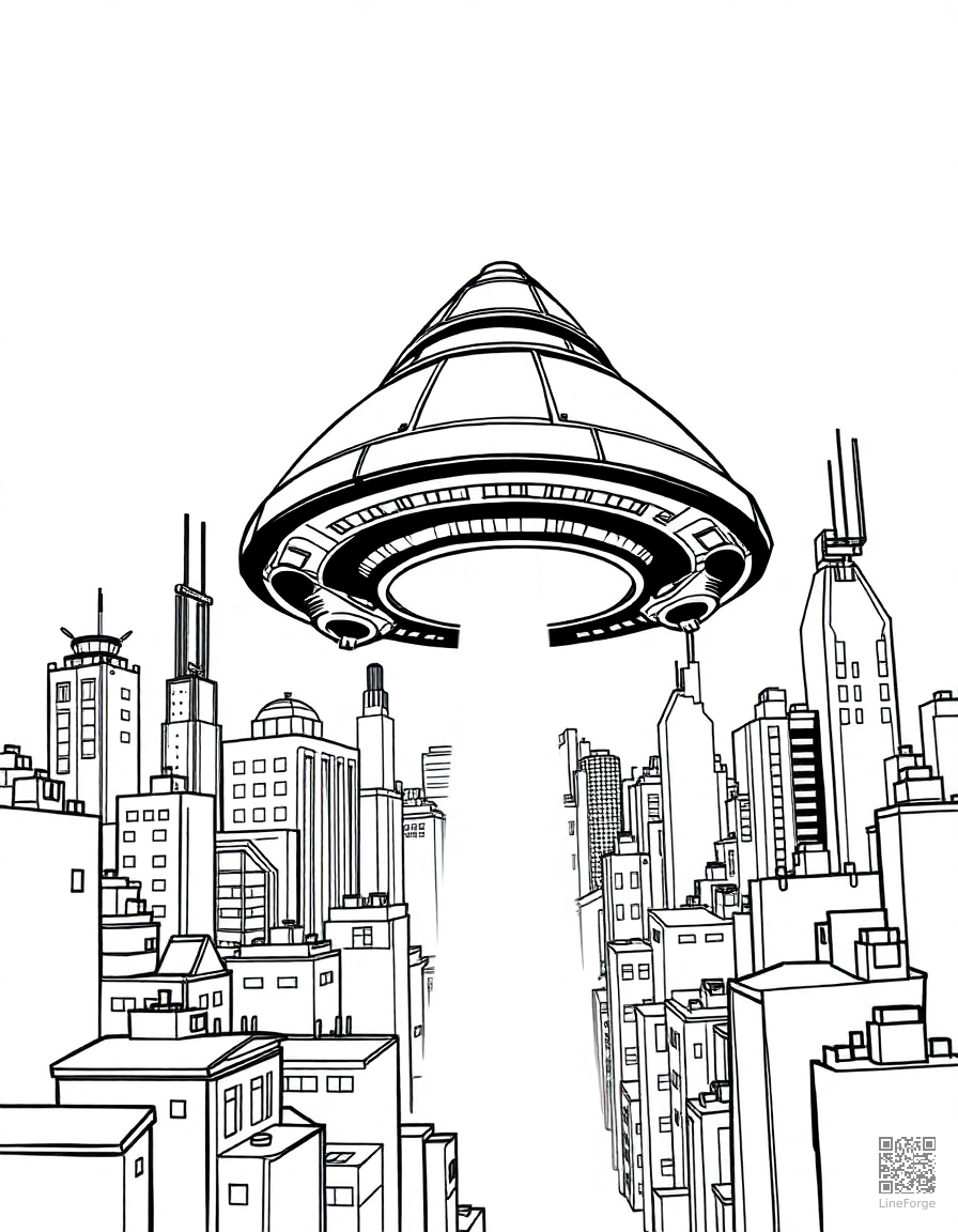 alien spaceship hovering over a city coloring page Manga style - free printable