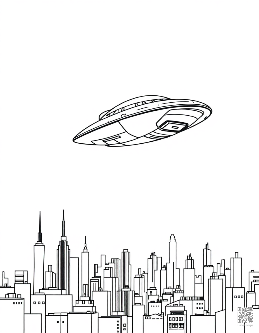 alien spaceship hovering over a city coloring page Minimal style - free printable
