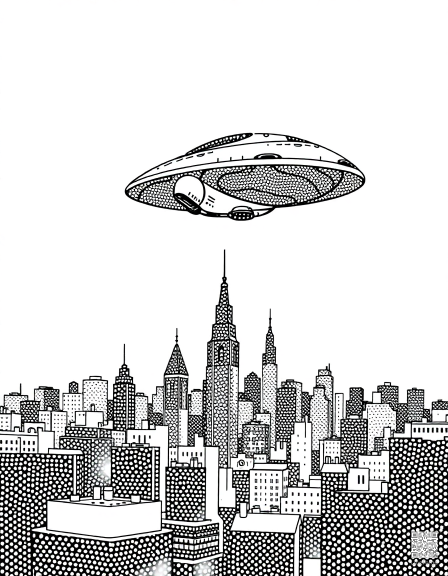 alien spaceship hovering over a city coloring page Stipple style - free printable