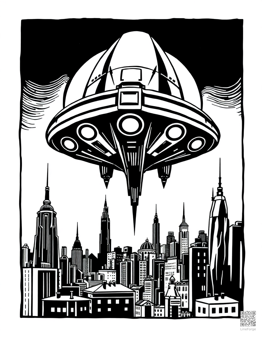 alien spaceship hovering over a city coloring page Woodcut style - free printable