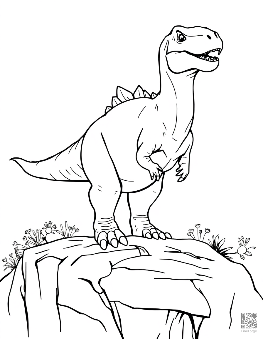 Free allosaurus standing on a rocky cliff coloring page in contour style — printable line art