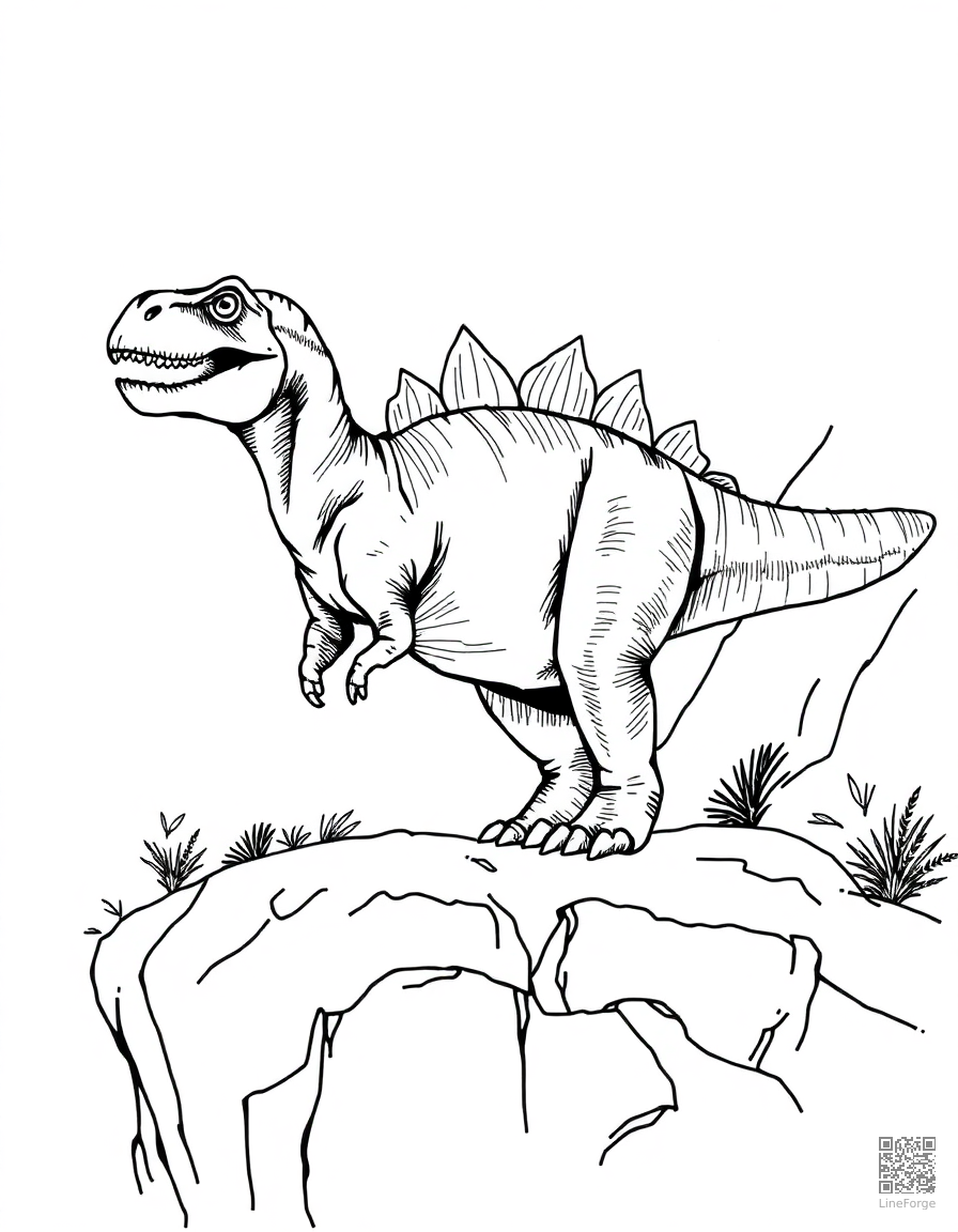 allosaurus standing on a rocky cliff coloring page Crosshatch style free printable
