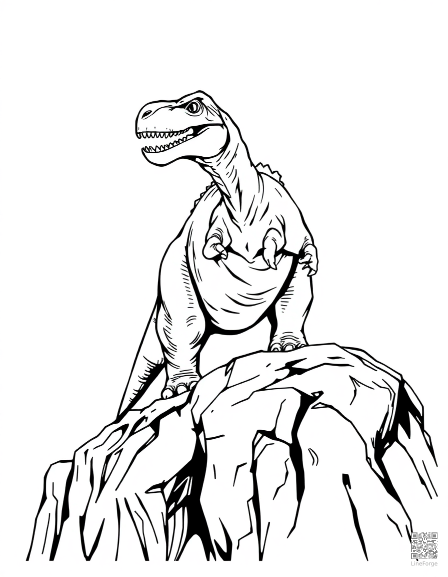 allosaurus standing on a rocky cliff coloring page Manga style free printable