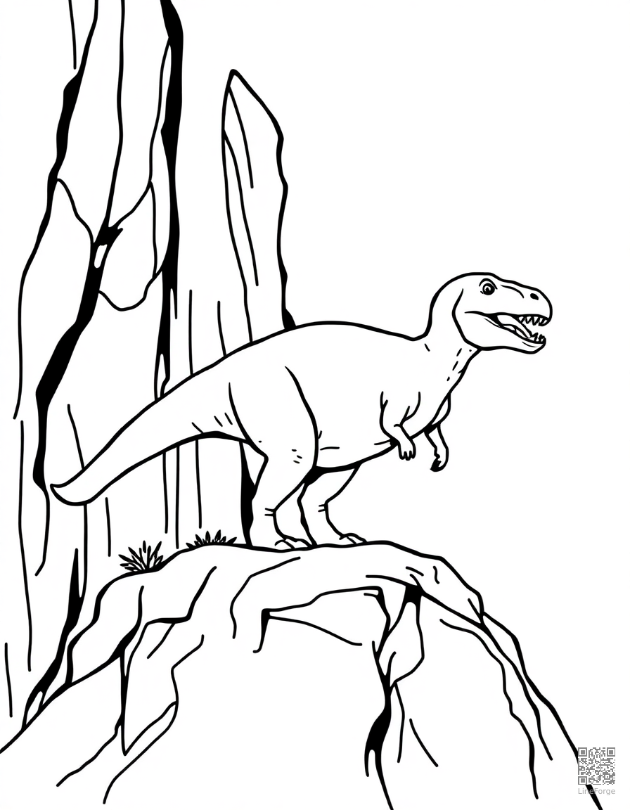 Free allosaurus standing on a rocky cliff coloring page in minimal style — printable line art