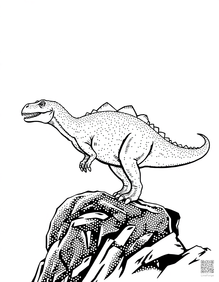 allosaurus standing on a rocky cliff coloring page Stipple style free printable