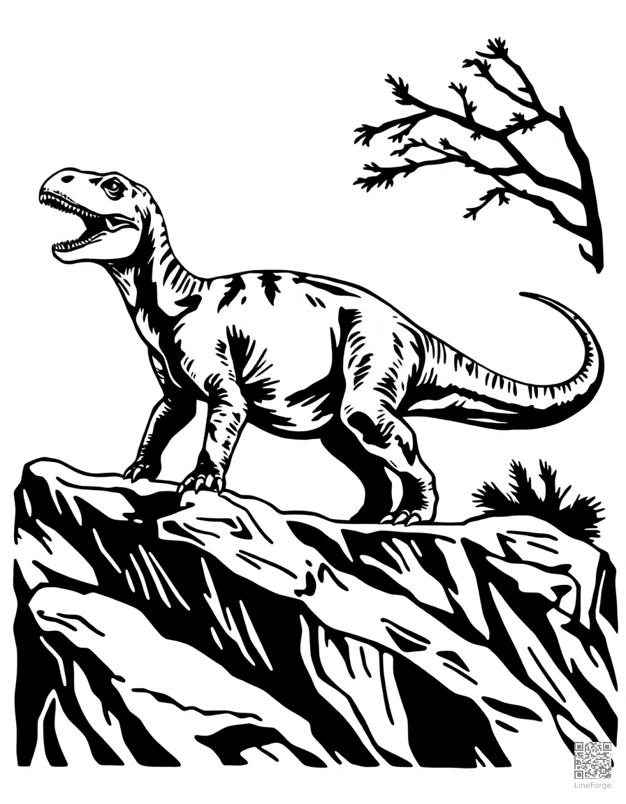 allosaurus standing on a rocky cliff coloring page Woodcut style free printable
