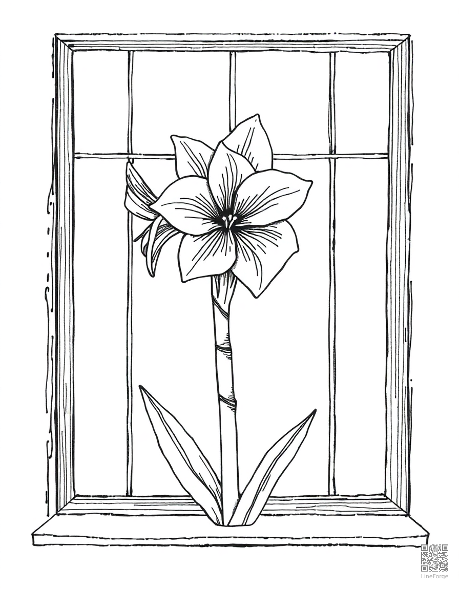 amaryllis blooming in a winter window coloring page Crosshatch style free printable