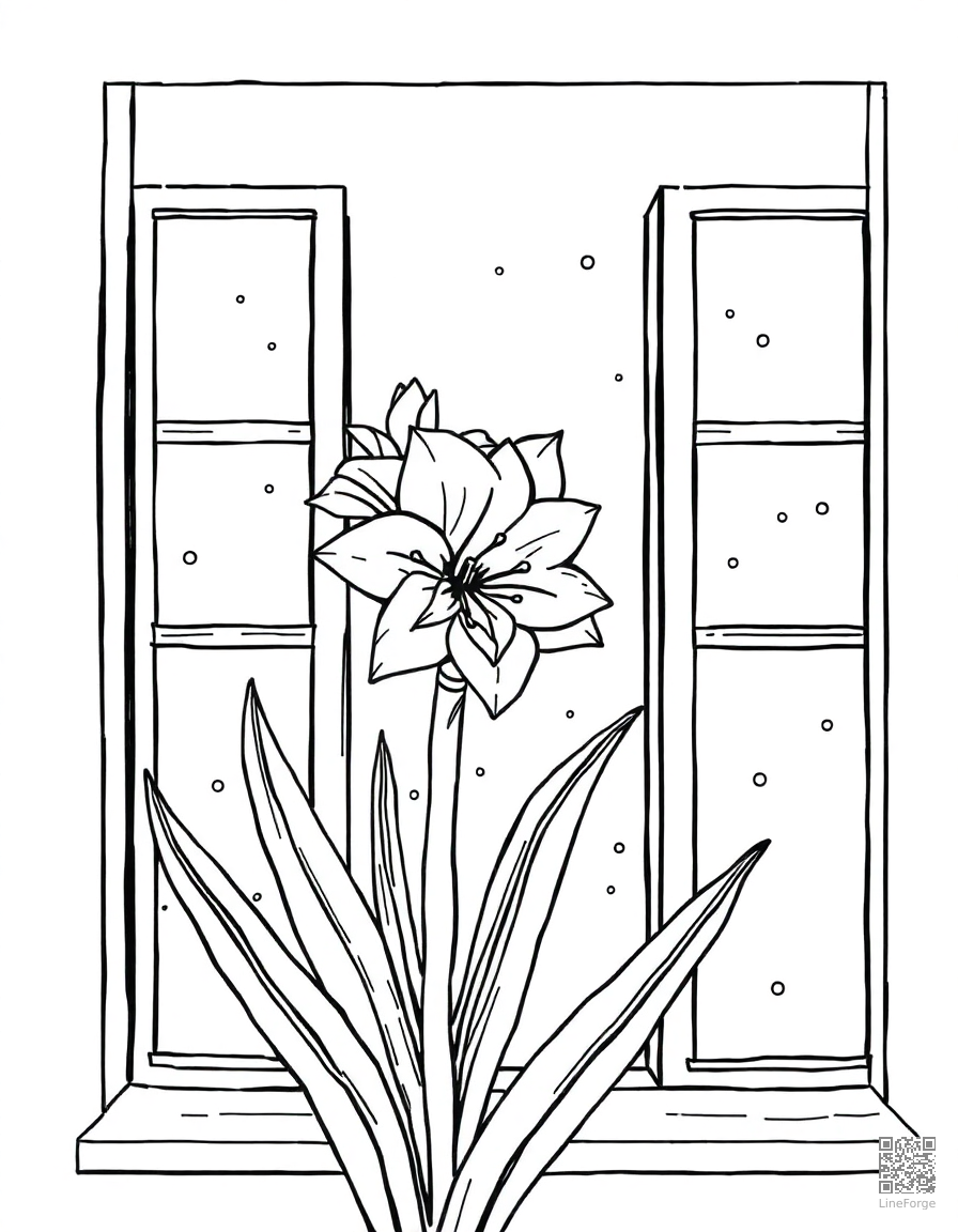 amaryllis blooming in a winter window coloring page Manga style free printable