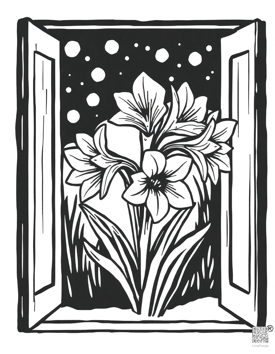 amaryllis blooming in a winter window coloring page Woodcut style free printable
