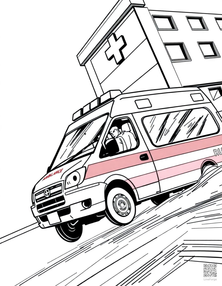 ambulance racing to the hospital coloring page Manga style - free printable