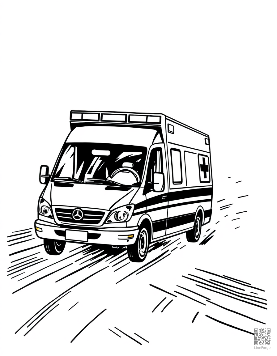 ambulance racing to the hospital coloring page Woodcut style - free printable