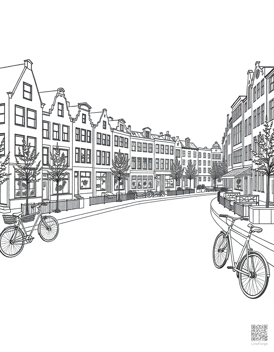 amsterdam canal houses with bicycles coloring page Contour style - free printable