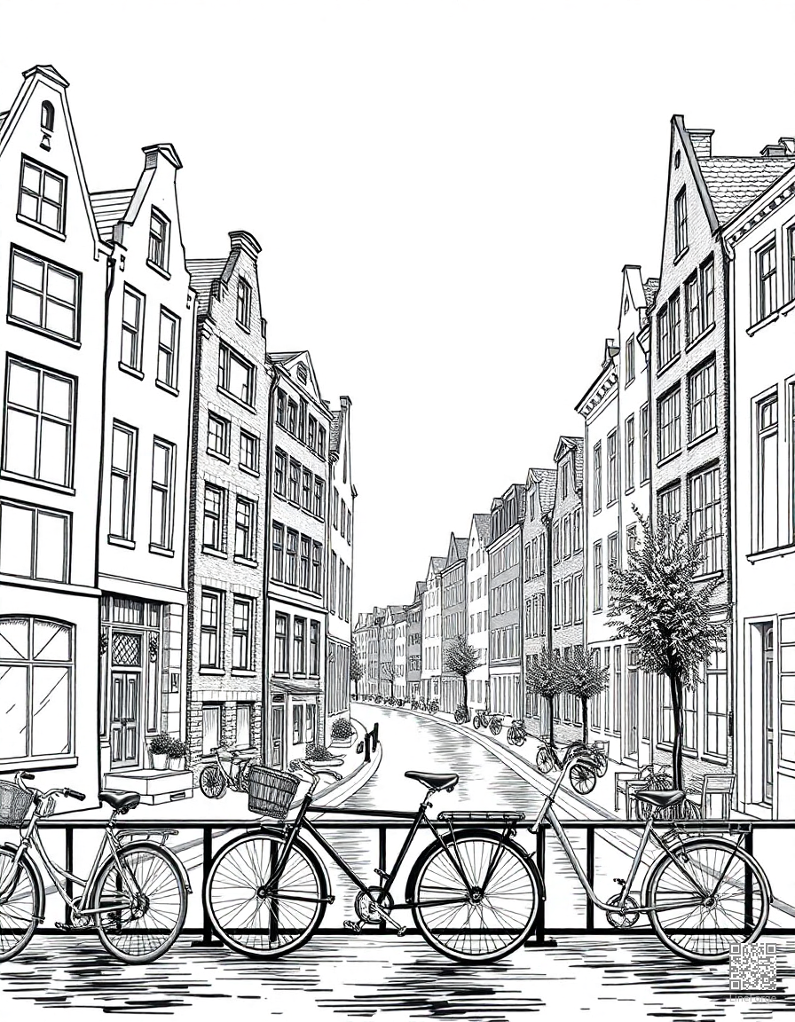 amsterdam canal houses with bicycles coloring page Crosshatch style - free printable