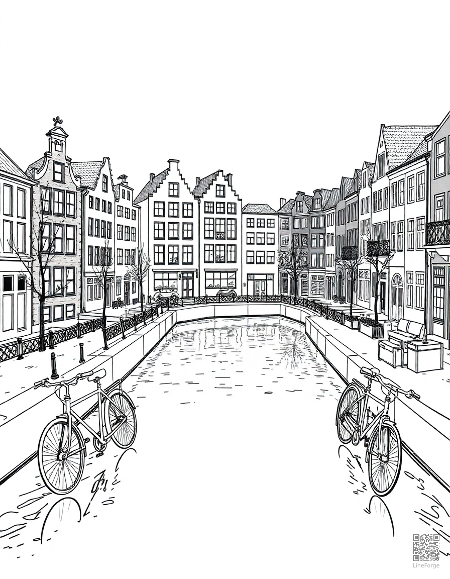 amsterdam canal houses with bicycles coloring page Manga style - free printable