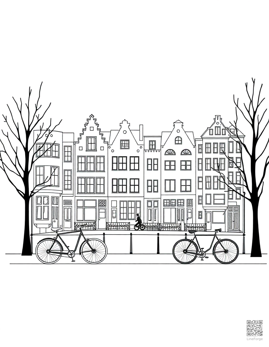 amsterdam canal houses with bicycles coloring page Minimal style - free printable