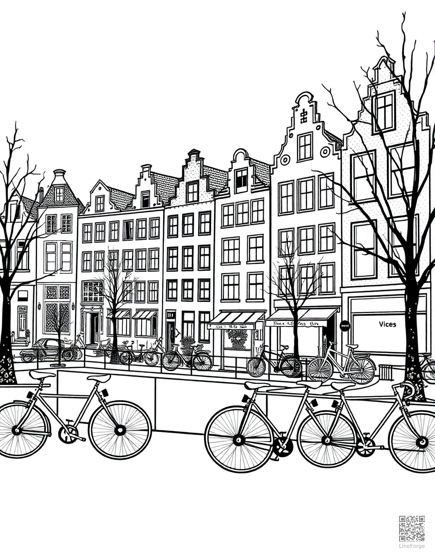 amsterdam canal houses with bicycles coloring page Stipple style - free printable