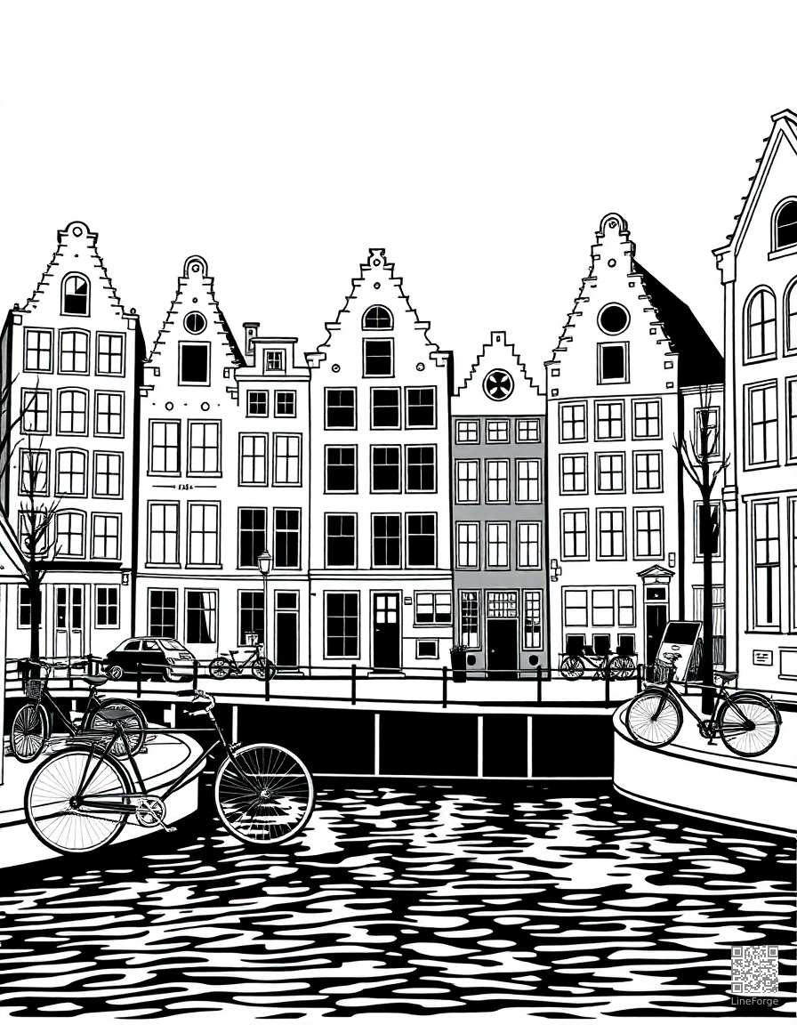 amsterdam canal houses with bicycles coloring page Woodcut style - free printable