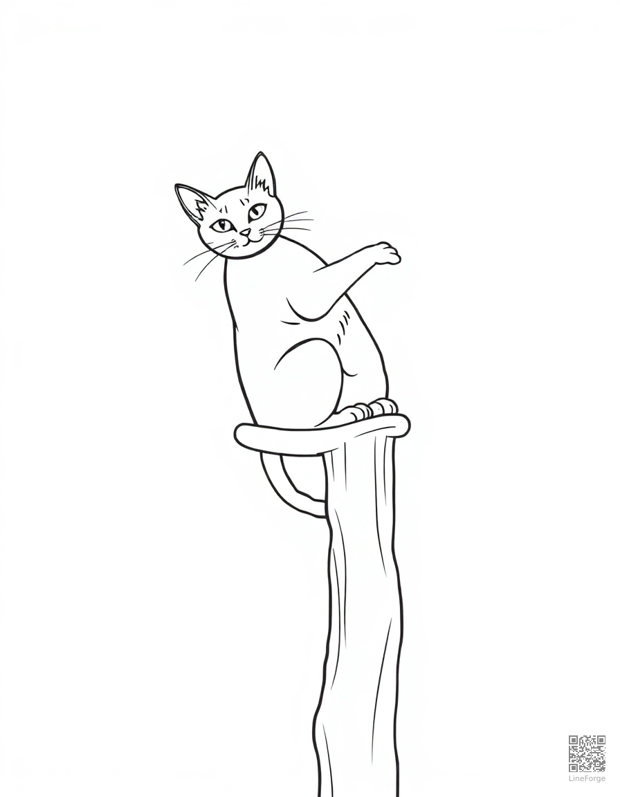 An abyssinian cat climbing a tall cat tree coloring page Contour style - free printable