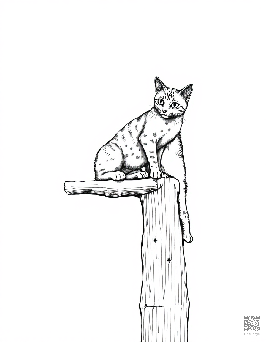 An abyssinian cat climbing a tall cat tree coloring page Crosshatch style - free printable