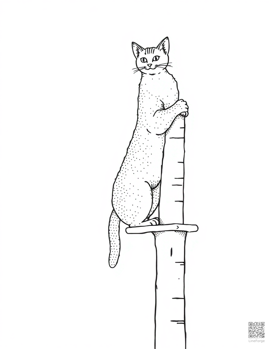An abyssinian cat climbing a tall cat tree coloring page Stipple style - free printable