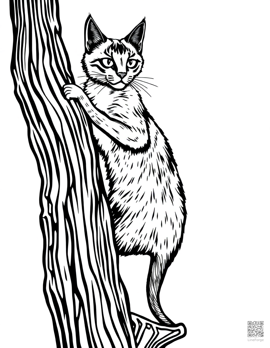 An abyssinian cat climbing a tall cat tree coloring page Woodcut style - free printable