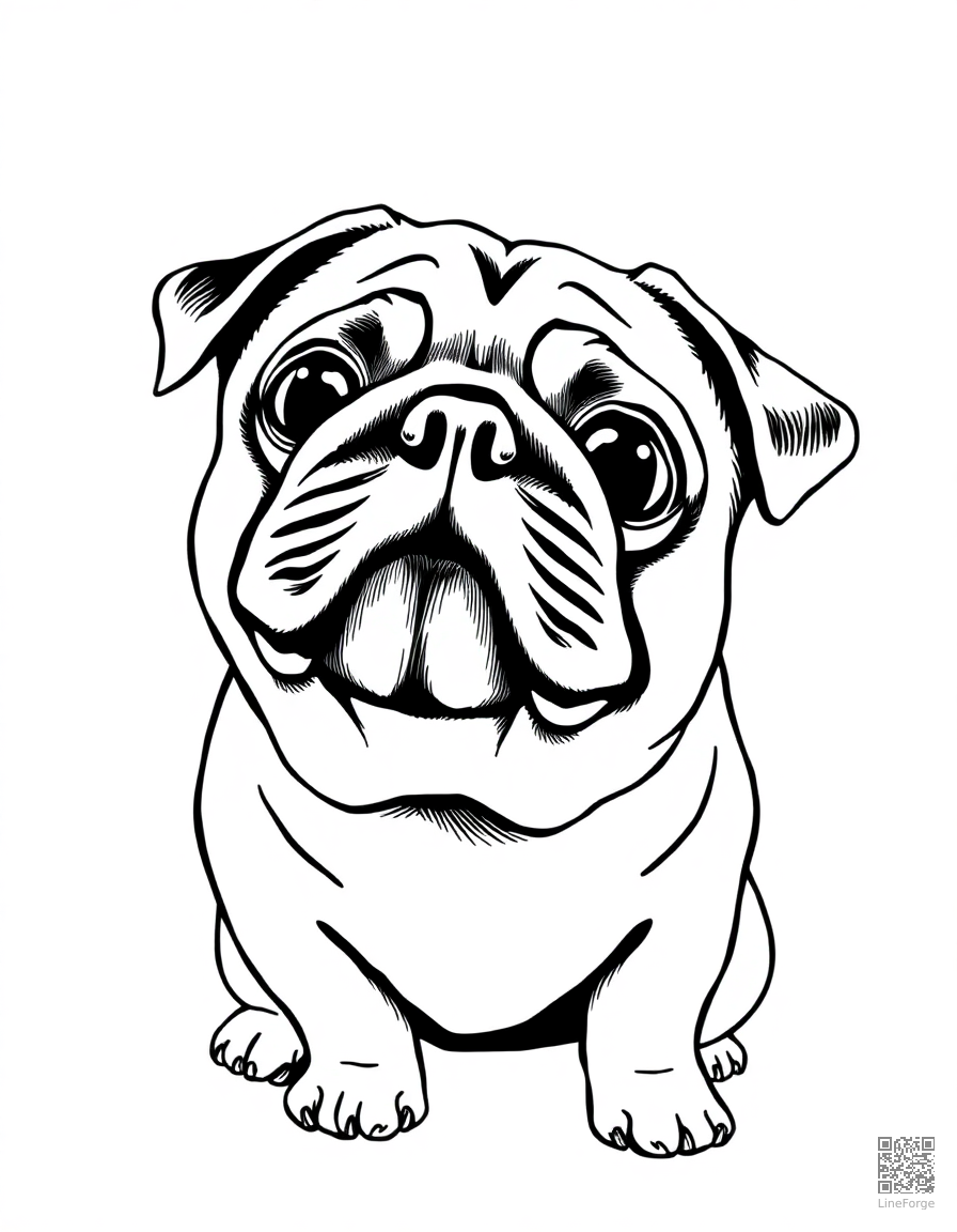 An adorable pug with wrinkly face looking up coloring page Crosshatch style - free printable