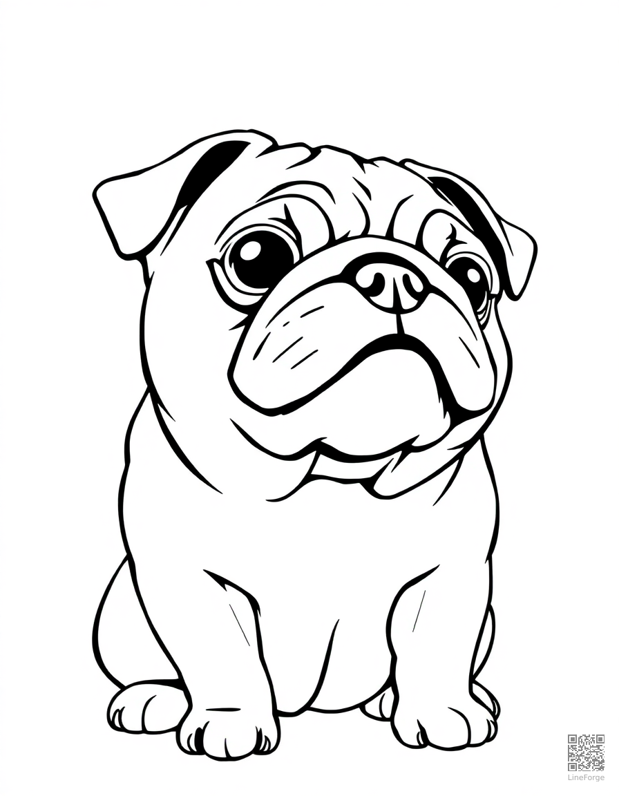 An adorable pug with wrinkly face looking up coloring page Manga style - free printable