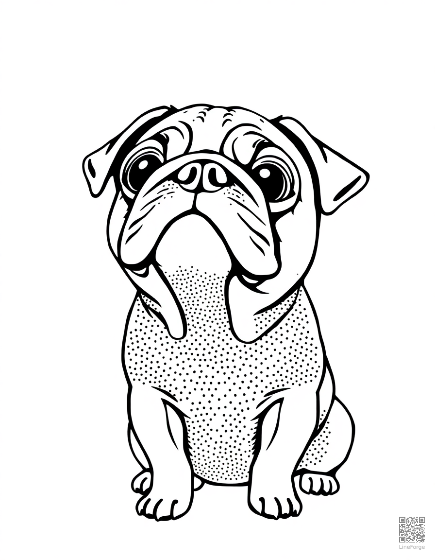 An adorable pug with wrinkly face looking up coloring page Stipple style - free printable