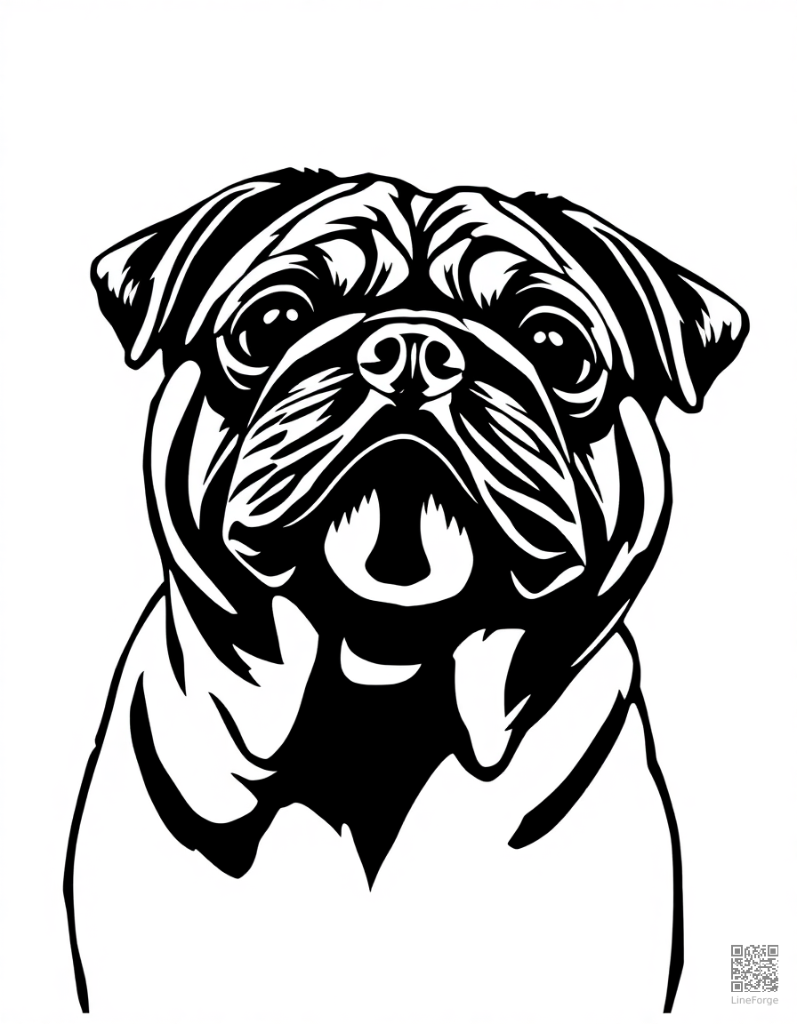 An adorable pug with wrinkly face looking up coloring page Woodcut style - free printable