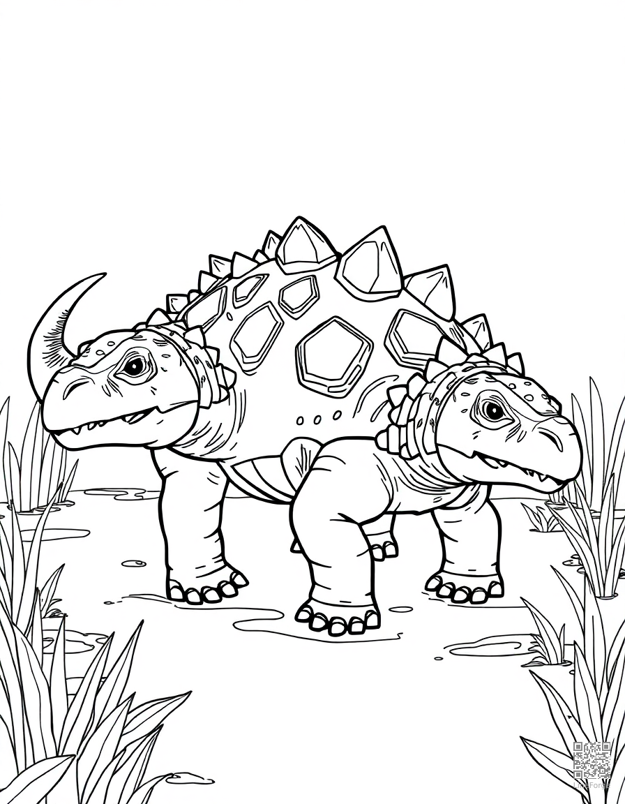An ankylosaurus with armored plates in a swamp coloring page Contour style - free printable