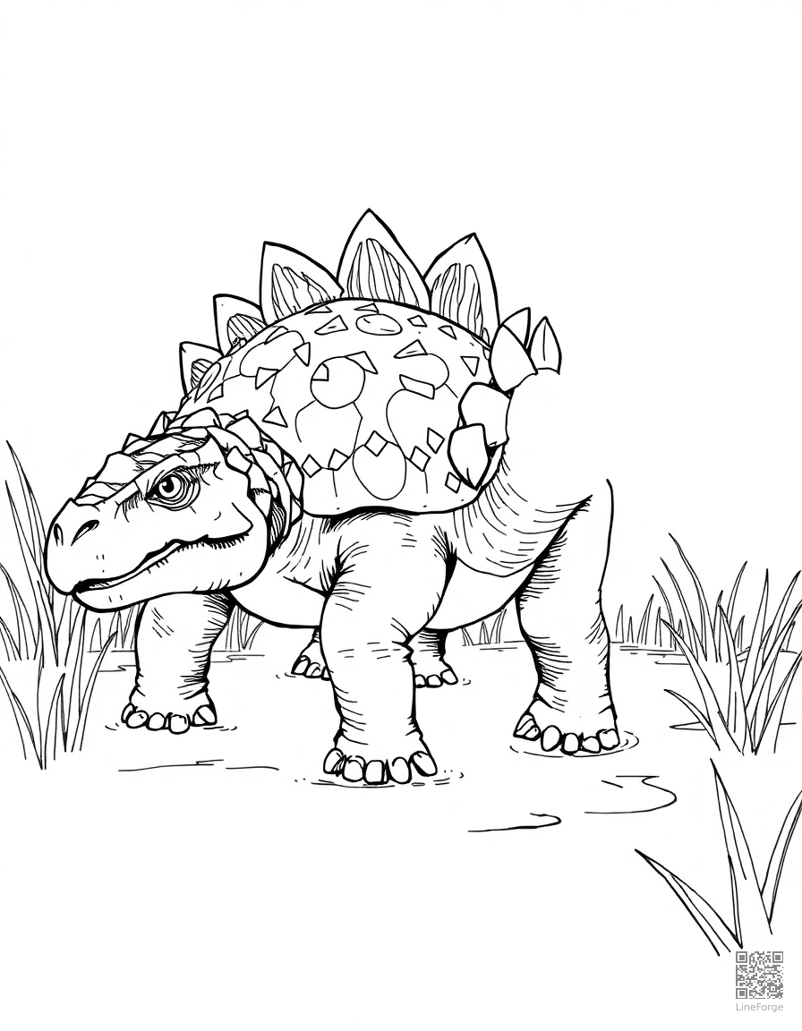 An ankylosaurus with armored plates in a swamp coloring page Crosshatch style - free printable