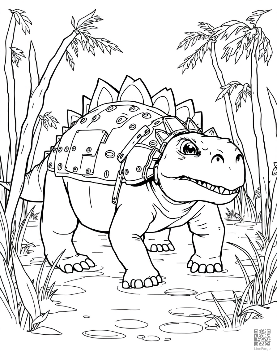 An ankylosaurus with armored plates in a swamp coloring page Manga style - free printable