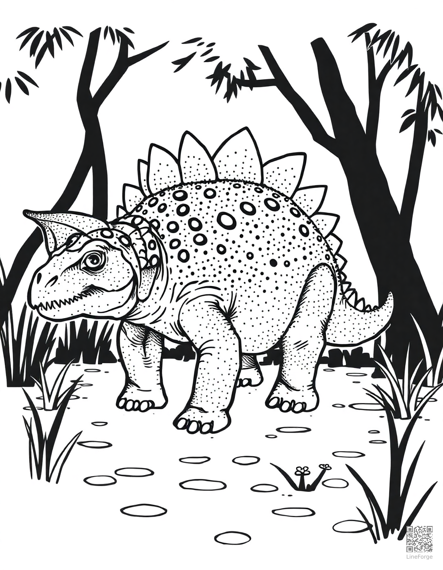 An ankylosaurus with armored plates in a swamp coloring page Stipple style - free printable