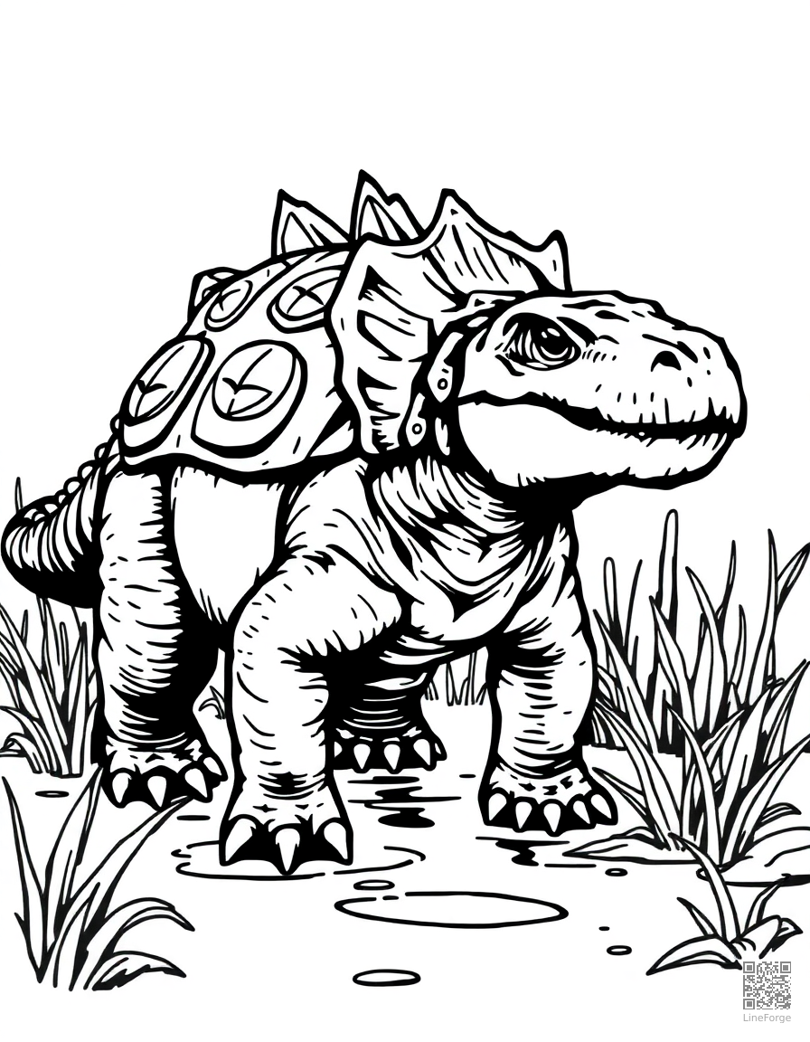 An ankylosaurus with armored plates in a swamp coloring page Woodcut style - free printable