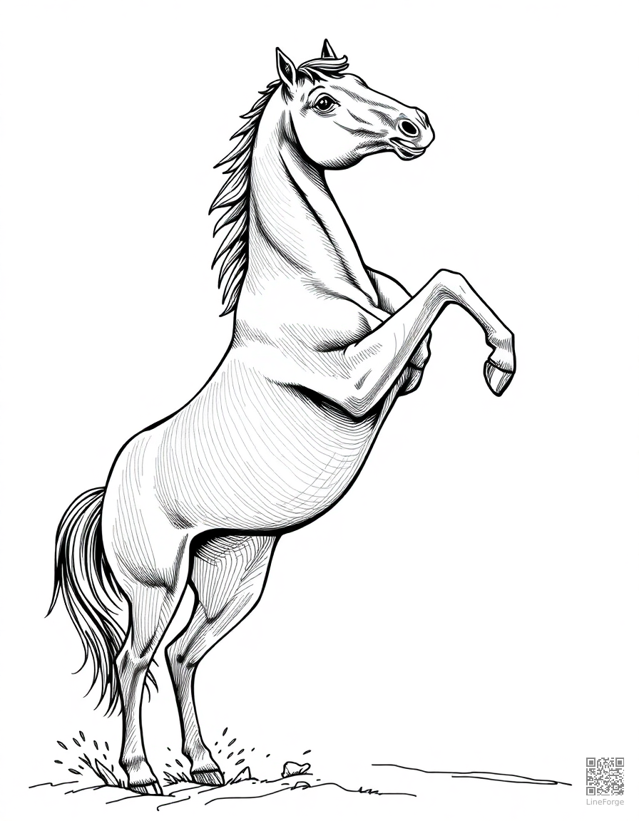 An arabian horse rearing up in the desert coloring page Crosshatch style free printable