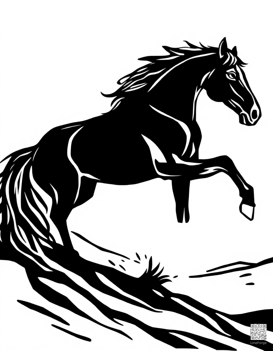 An arabian horse rearing up in the desert coloring page Woodcut style - free printable