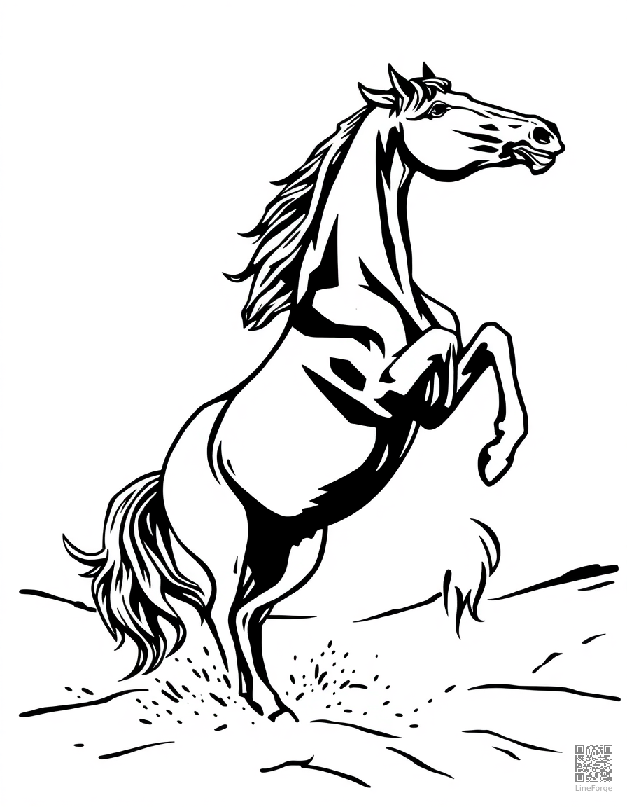 An arabian horse rearing up in the desert coloring page Woodcut style - free printable
