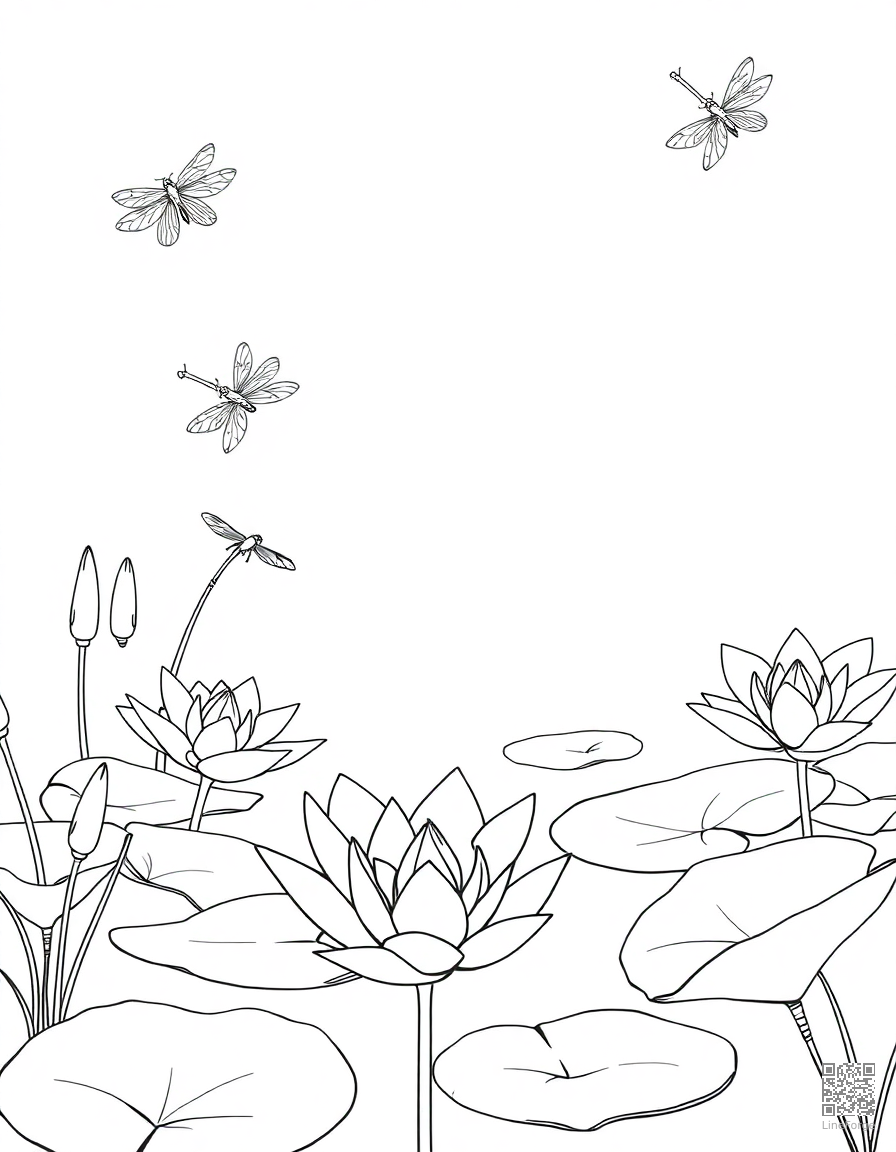 An elegant lily pond with lily pads and dragonflies coloring page Contour style - free printable